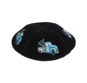 Black Suede Kippah - Aleph Bet Cars - 16 CM