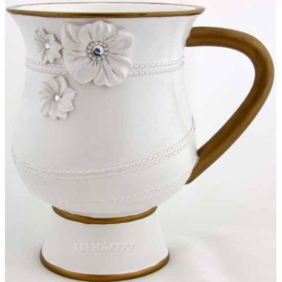 Wash Cup White Floral Gold Rim