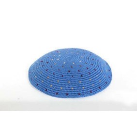 Knit Yarmulka DMC - Blue/Colorful Dots - 16 CM