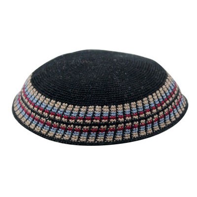 Knit Yarmulka Dmc - Black With Colorful Trim - 18 CM