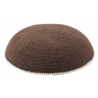 Knit Yarmulka DMC - Brown With Colored Rim - 18 Cm