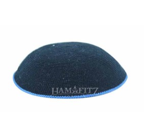 Knit Yarmulka DMC - Black With Blue Trim - 18 CM