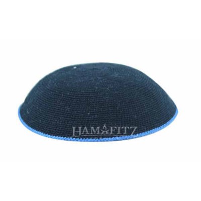 Knit Yarmulka DMC - Black With Blue Trim - 18 CM