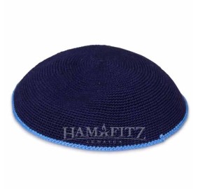 Knit Yarmulka DMC - Blue With Colored Rim - 16 CM