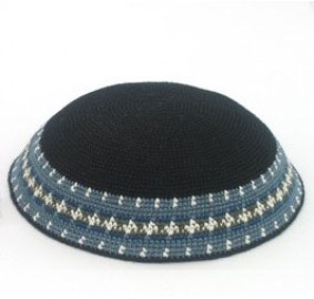 Knit Yarmulka DMC - Black With Colored Trim - 18 CM