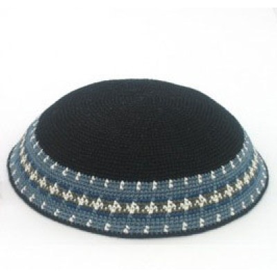 Knit Yarmulka DMC - Black With Colored Trim - 18 CM