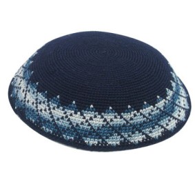 Knit Yarmulka DMC - Blue With Blue Design Trim - 18 CM