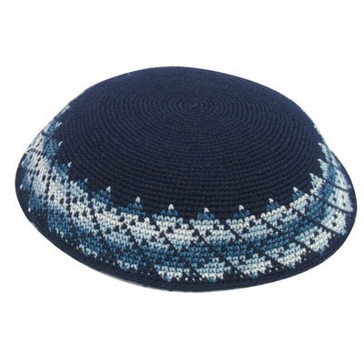 Knit Yarmulka DMC - Blue With Blue Design Trim - 18 CM