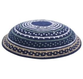 Knit Yarmulka DMC - Blue With Stripes - 17 CM