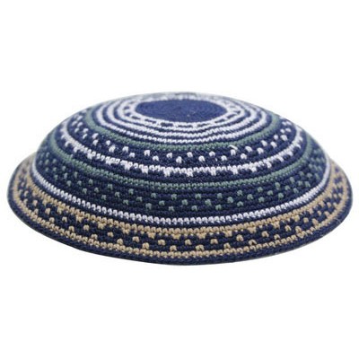 Knit Yarmulka DMC - Blue With Stripes - 17 CM