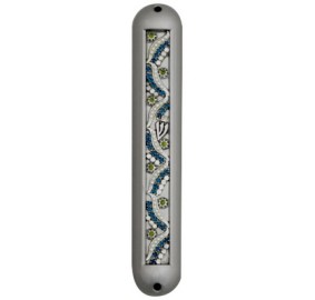 Mezuzah Case Pewter With Green And White Stones