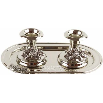 Nickel Candlesticks Pair With Tray