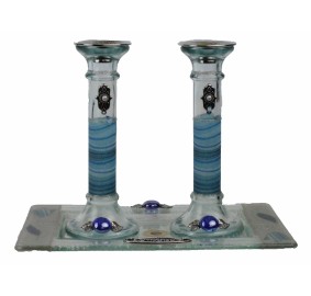 Candlesticks And Tray -Blue Hamsa