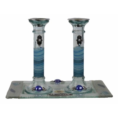 Candlesticks And Tray -Blue Hamsa