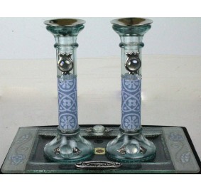 Glass Candlesticks And Tray - Art Glass