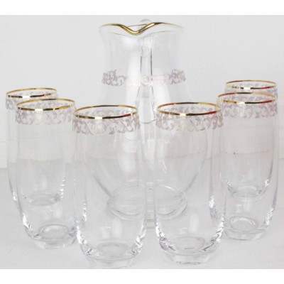 Pitcher & Glasses w/ 14K Gold Artwork