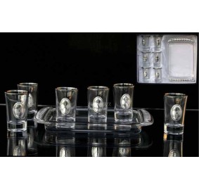 Glass And Silver Liquor Set, 6 Cups & Tray