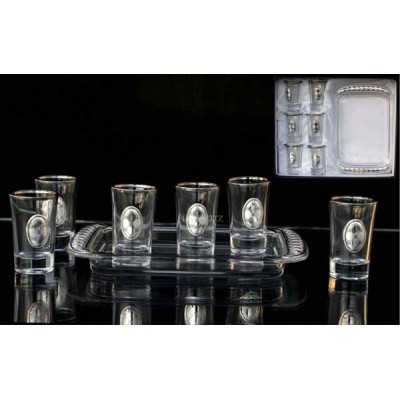 Glass And Silver Liquor Set, 6 Cups & Tray