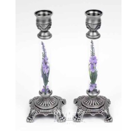 Pewter & Glass Candlesticks - Purple Flowers