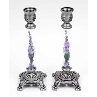 Pewter & Glass Candlesticks - Purple Flowers