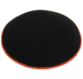 Black Knit Yarmulka DMC Orange Border - 17 CM