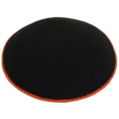 Black Knit Yarmulka DMC Orange Border - 17 CM