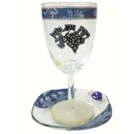 Glass Kiddush Cup Applique Blue With Plate