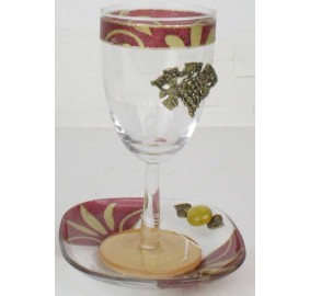 Glass Kiddush Cup Applique Burgundy With Plate