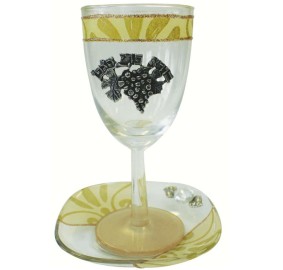 Glass Kiddush Cup Applique Pearl/Gold with Plate