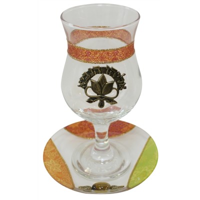 Glass Kos Eliyahu Cup Applique Colorful Tulip With Plate