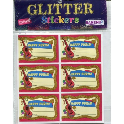 Purim Guitar Glitter Sticker 12 Pk