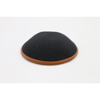 Kippah Black Linen Camel Rim