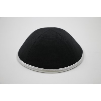 Kippah Black Linen Silver Rim