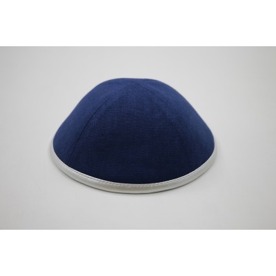 Kippah Navy Linen Silver Rim