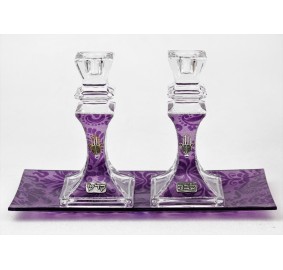 Candlesticks And Tray - Purple Crystal