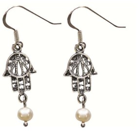 Sterling Silver Earrings - Hamsa With Pearl