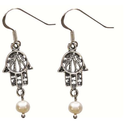 Sterling Silver Earrings - Hamsa With Pearl