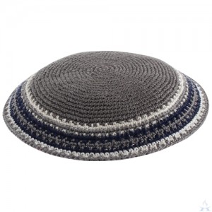 Knit Yarmulka  DMC Grey with Blue and White Design